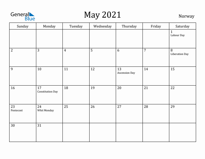 May 2021 Calendar Norway