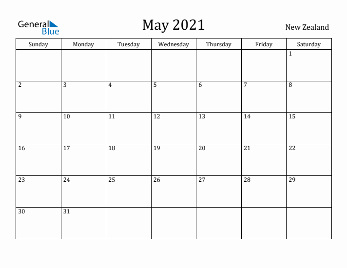 May 2021 Calendar New Zealand