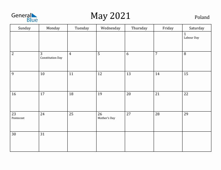 May 2021 Calendar Poland