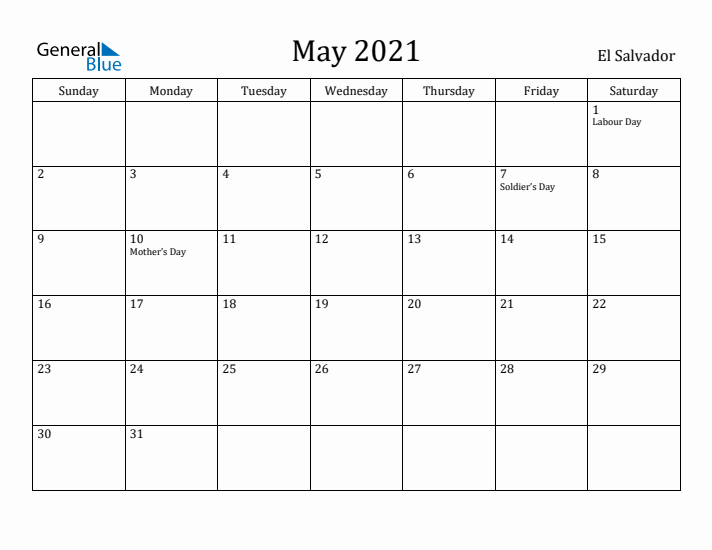May 2021 Calendar El Salvador