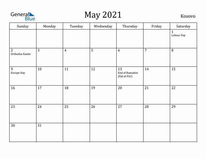 May 2021 Calendar Kosovo