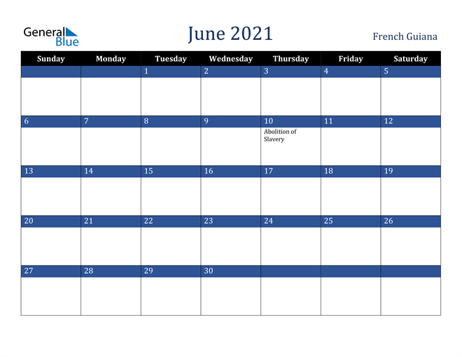 June 2021 French Guiana Calendar