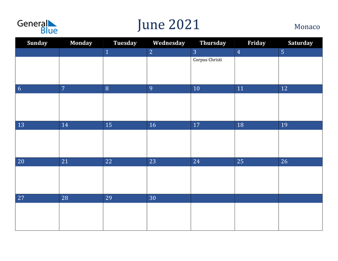 June 2021 Monaco Calendar