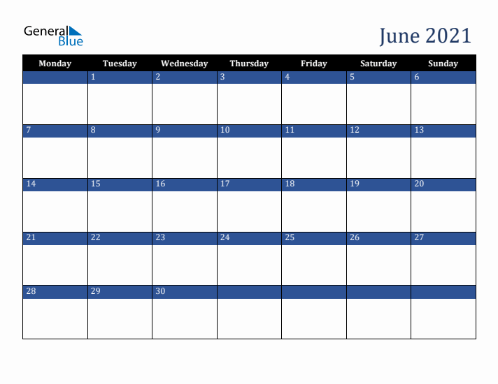 Monday Start Calendar for June 2021