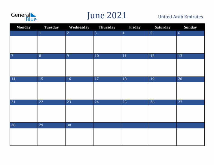June 2021 United Arab Emirates Calendar (Monday Start)