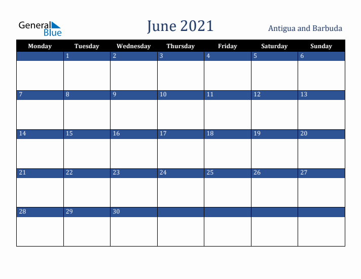 June 2021 Antigua and Barbuda Calendar (Monday Start)