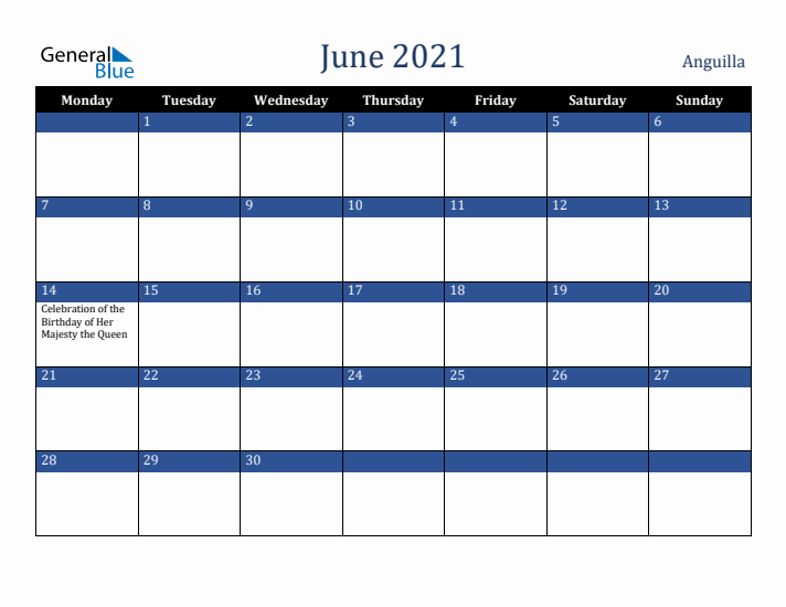 June 2021 Anguilla Calendar (Monday Start)