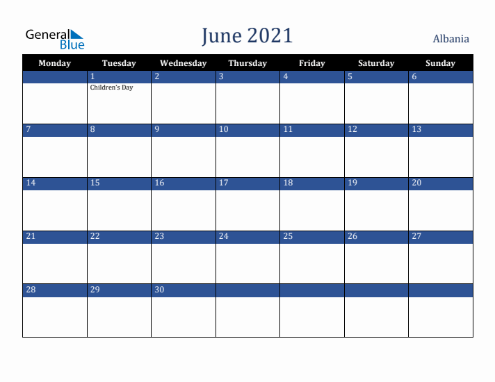 June 2021 Albania Calendar (Monday Start)