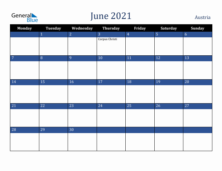 June 2021 Austria Calendar (Monday Start)