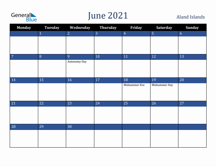 June 2021 Aland Islands Calendar (Monday Start)