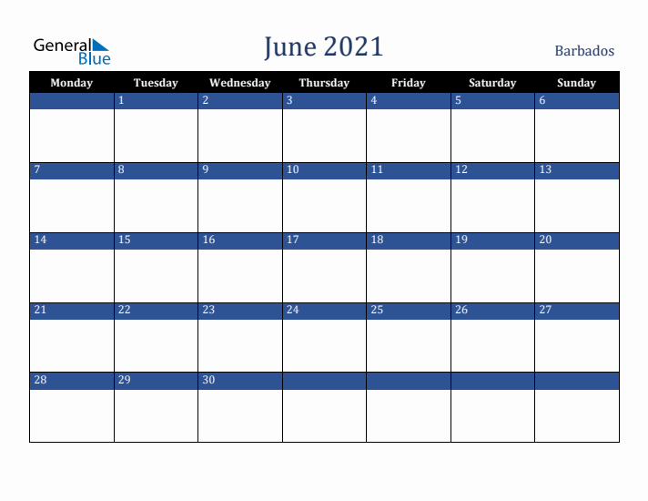 June 2021 Barbados Calendar (Monday Start)