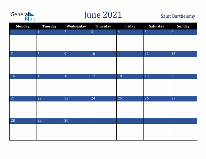 June 2021 Saint Barthelemy Calendar (Monday Start)