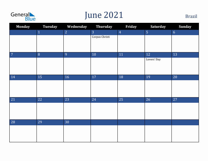 June 2021 Brazil Calendar (Monday Start)