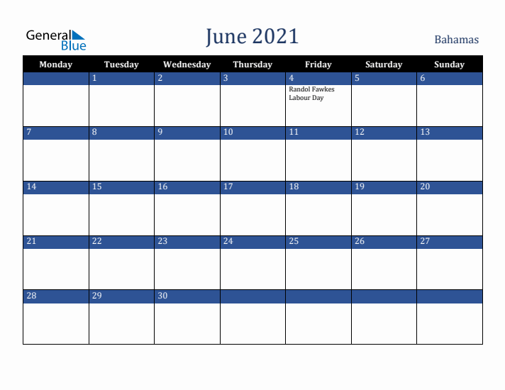 June 2021 Bahamas Calendar (Monday Start)