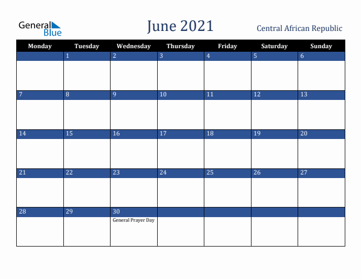 June 2021 Central African Republic Calendar (Monday Start)