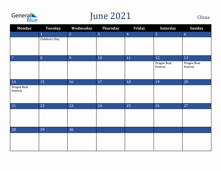 June 2021 China Calendar (Monday Start)