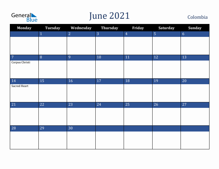 June 2021 Colombia Calendar (Monday Start)