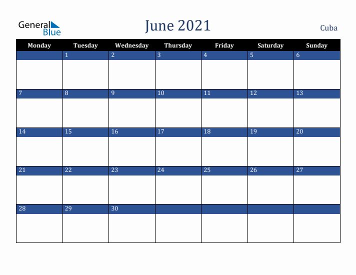 June 2021 Cuba Calendar (Monday Start)