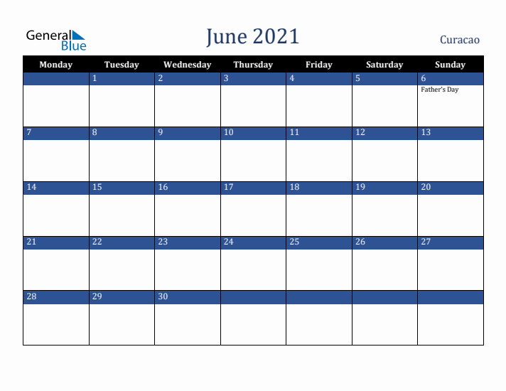 June 2021 Curacao Calendar (Monday Start)