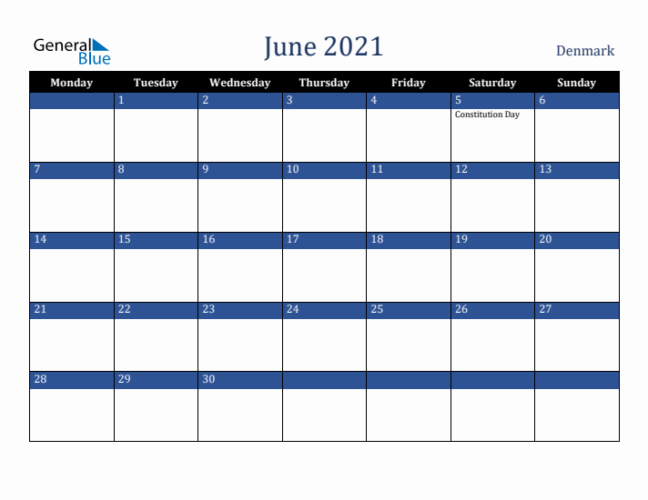 June 2021 Denmark Calendar (Monday Start)