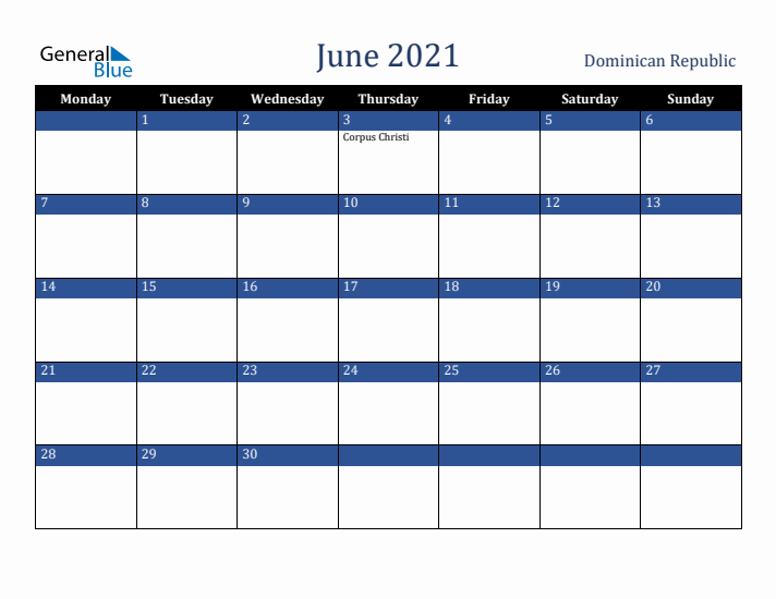 June 2021 Dominican Republic Calendar (Monday Start)