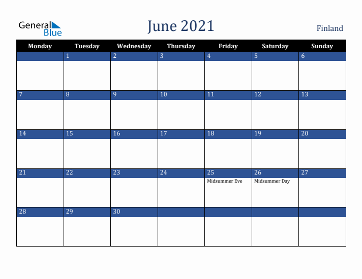 June 2021 Finland Calendar (Monday Start)
