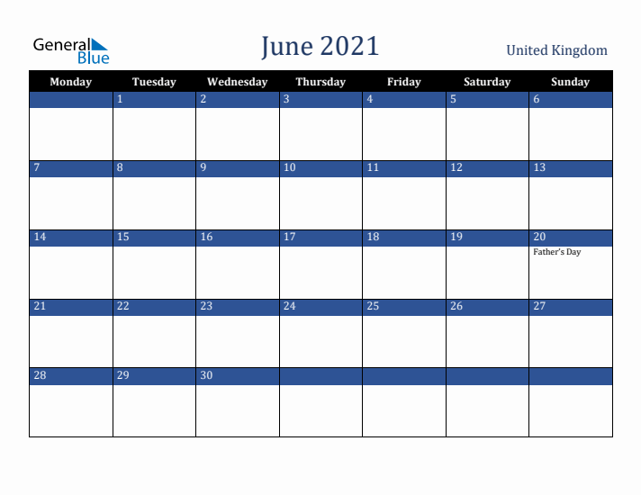 June 2021 United Kingdom Calendar (Monday Start)