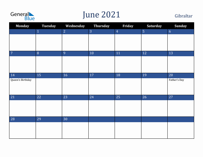 June 2021 Gibraltar Calendar (Monday Start)