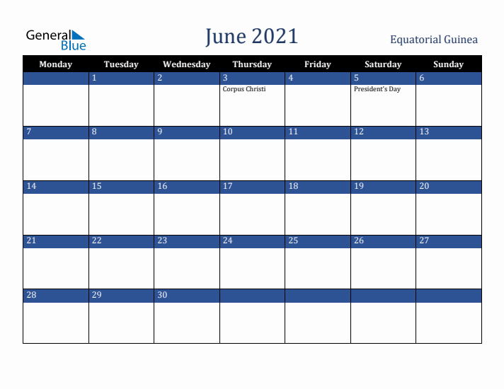June 2021 Equatorial Guinea Calendar (Monday Start)