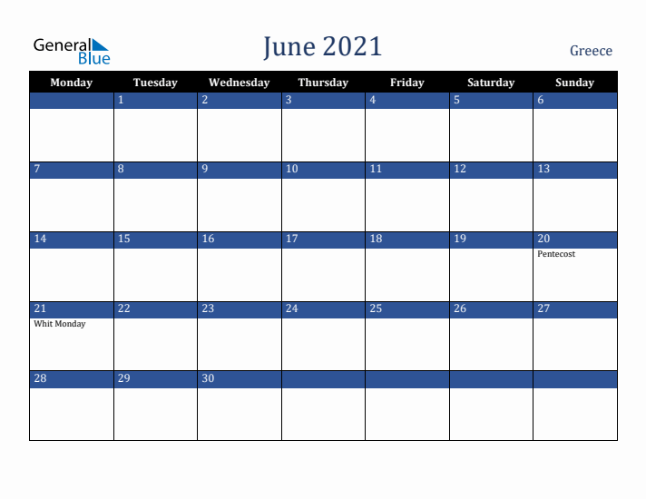 June 2021 Greece Calendar (Monday Start)