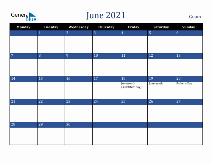June 2021 Guam Calendar (Monday Start)