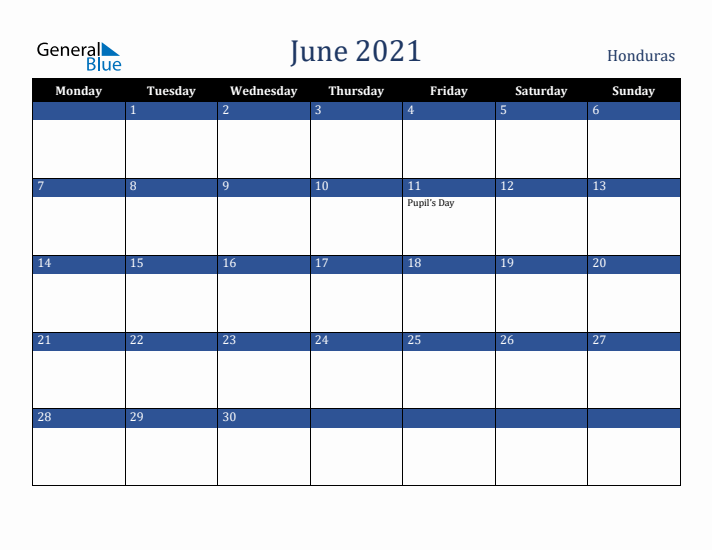 June 2021 Honduras Calendar (Monday Start)