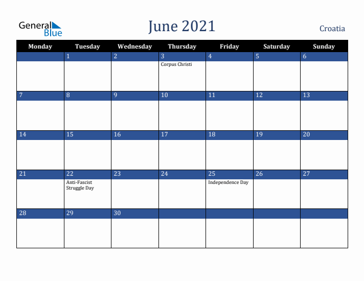 June 2021 Croatia Calendar (Monday Start)