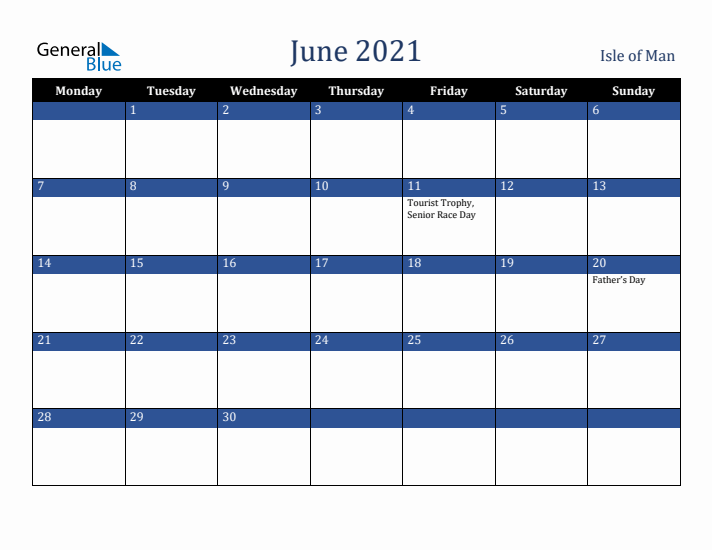June 2021 Isle of Man Calendar (Monday Start)