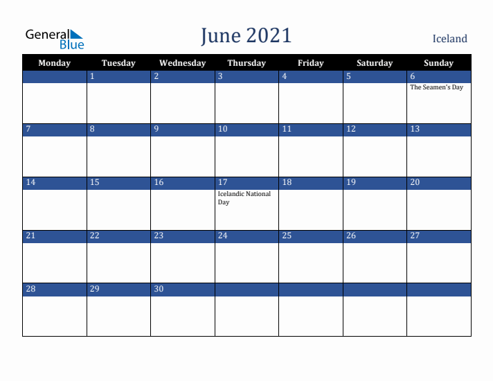 June 2021 Iceland Calendar (Monday Start)