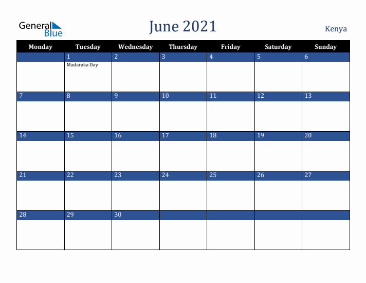 June 2021 Kenya Calendar (Monday Start)