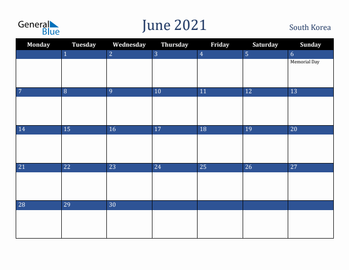 June 2021 South Korea Calendar (Monday Start)