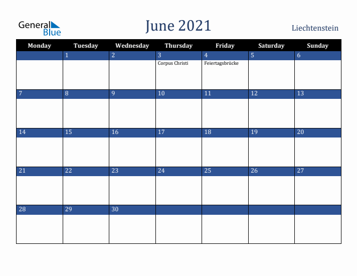 June 2021 Liechtenstein Calendar (Monday Start)