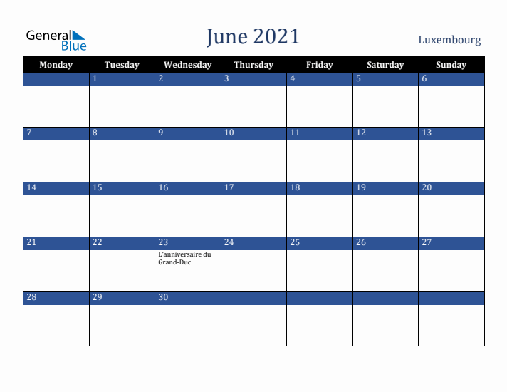 June 2021 Luxembourg Calendar (Monday Start)