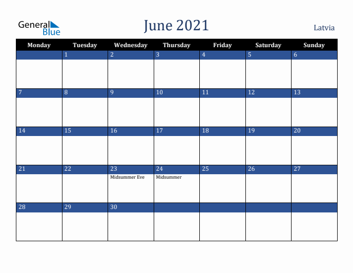June 2021 Latvia Calendar (Monday Start)
