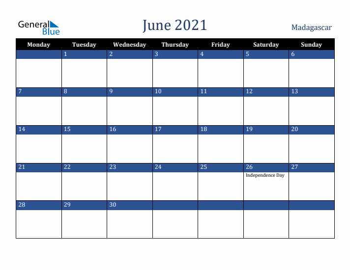 June 2021 Madagascar Calendar (Monday Start)