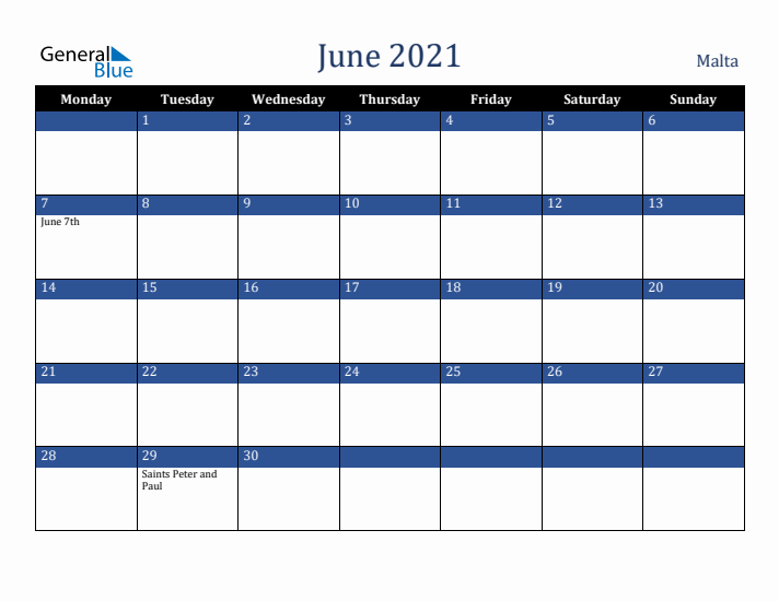 June 2021 Malta Calendar (Monday Start)