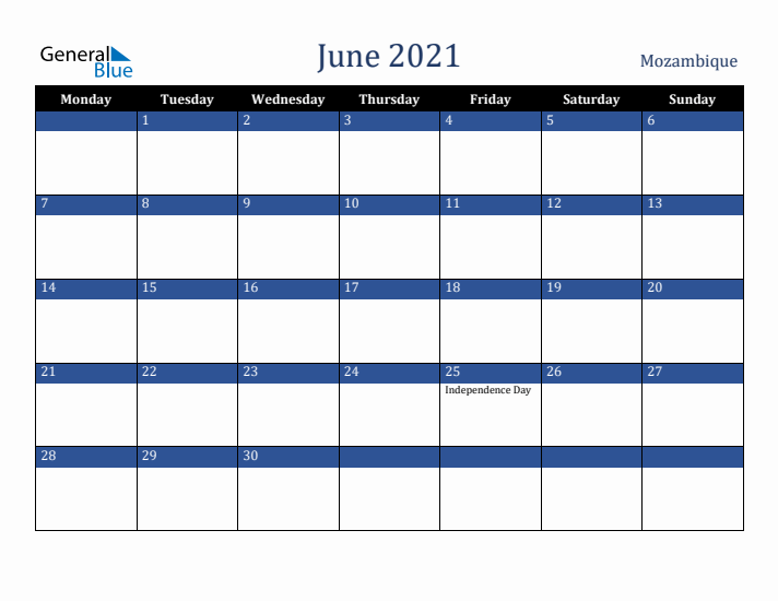 June 2021 Mozambique Calendar (Monday Start)