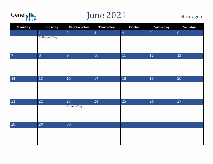 June 2021 Nicaragua Calendar (Monday Start)
