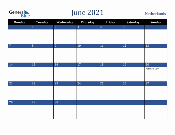 June 2021 The Netherlands Calendar (Monday Start)