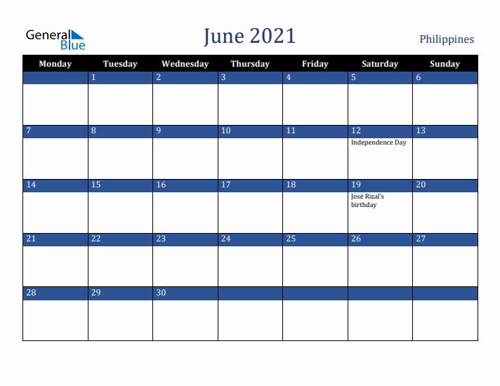 June 2021 Philippines Calendar (Monday Start)