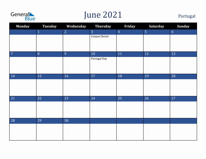 June 2021 Portugal Calendar (Monday Start)