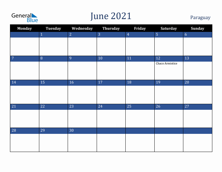 June 2021 Paraguay Calendar (Monday Start)