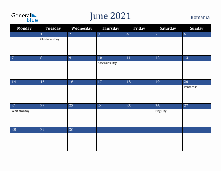 June 2021 Romania Calendar (Monday Start)