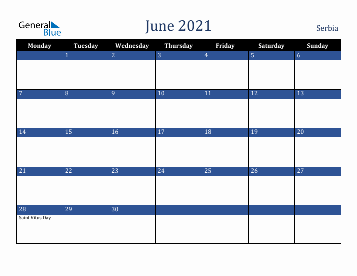 June 2021 Serbia Calendar (Monday Start)